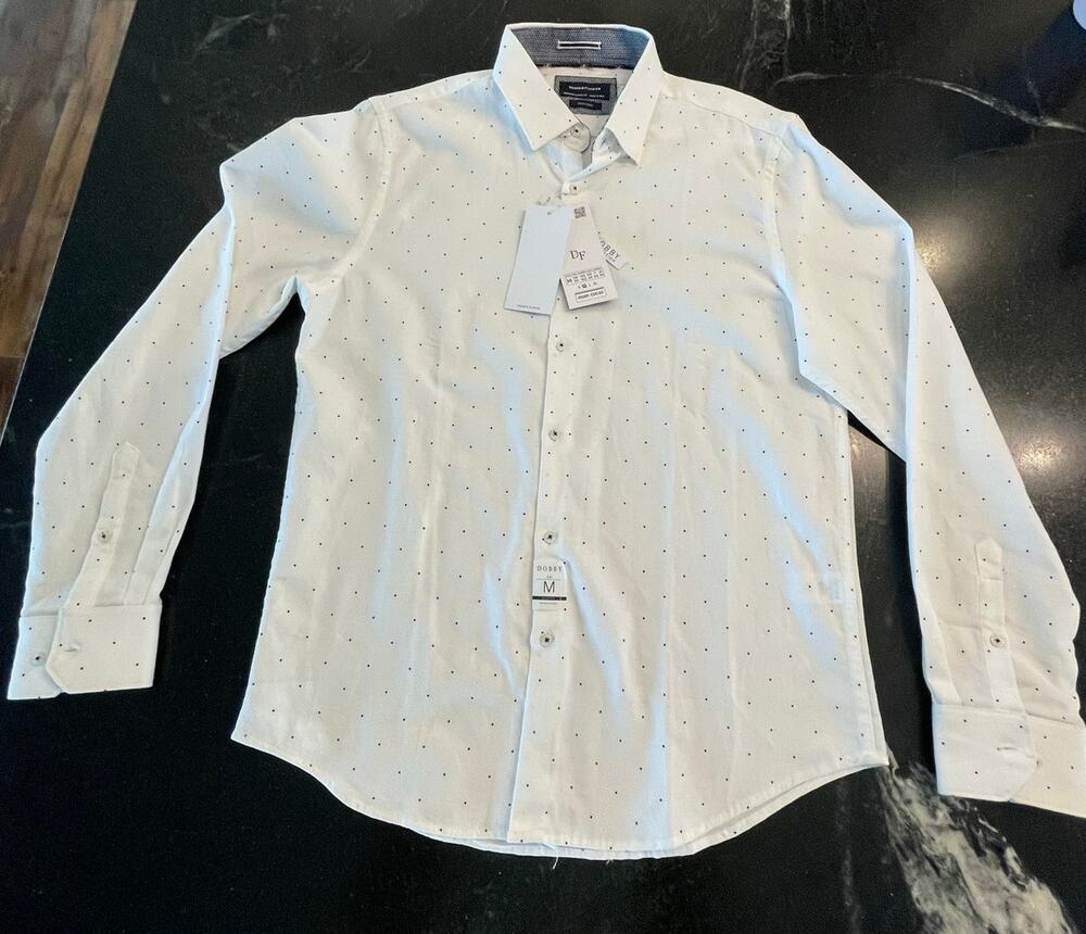 Denim & Flower NWT  Dobby Slim fit white/navy M 100%Cotton
